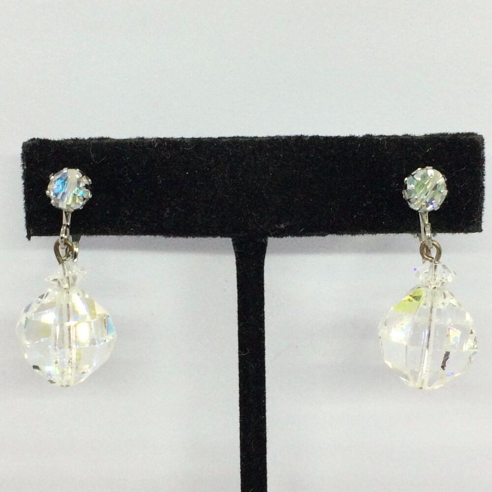 VINTAGE LAGUNA Aurora Borealis Crystal Clip on Earrings AB Dangle Silver tone